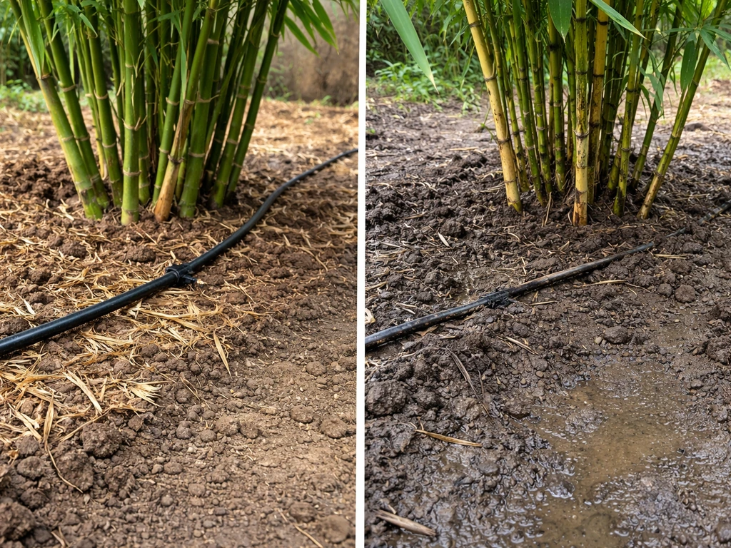 Drip-irrigated bamboo in loose soil next to a compacted, waterlogged patch where growth is sparse.