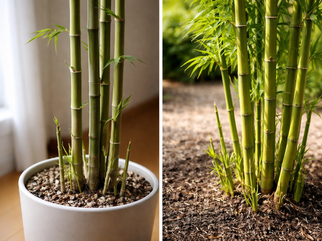 Indoor potted bamboo under dim light beside outdoor bamboo in full sun, showing slower vs faster growth.