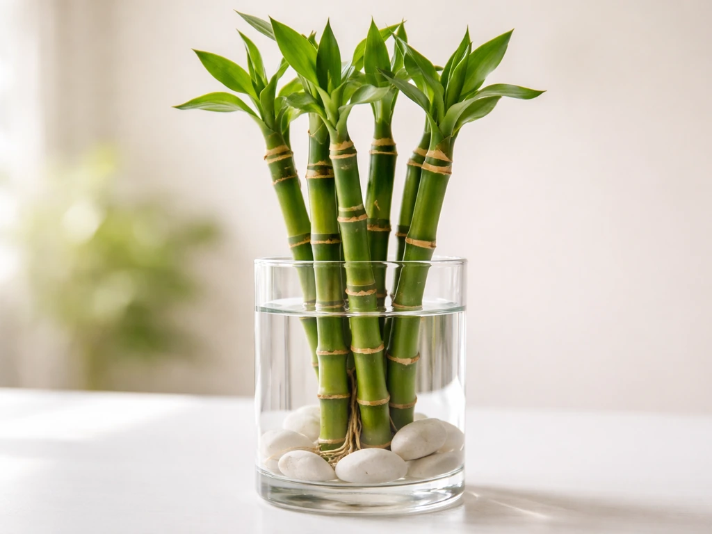 Close-up of lucky bamboo canes with visible nodes in a simple water-and-pebble setup