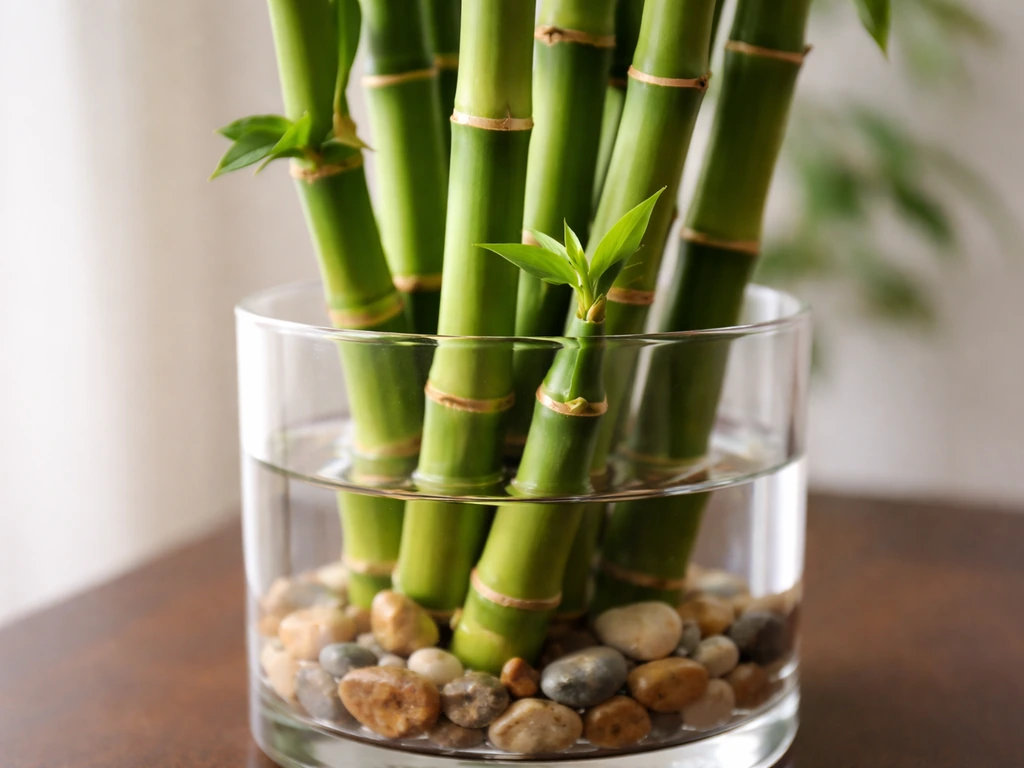 Lucky bamboo in water with multiple mature canes and small new shoots emerging slowly at a node.