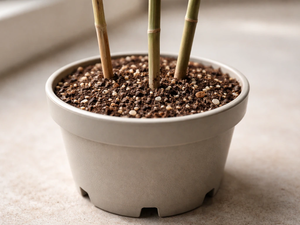 Close-up of a drainage pot with planted canes in light potting mix, lightly moist but not soggy.