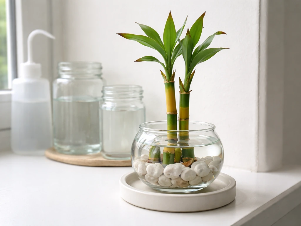 Lucky bamboo in a small jar with yellow base and brown tips beside fresh clear water for a fix