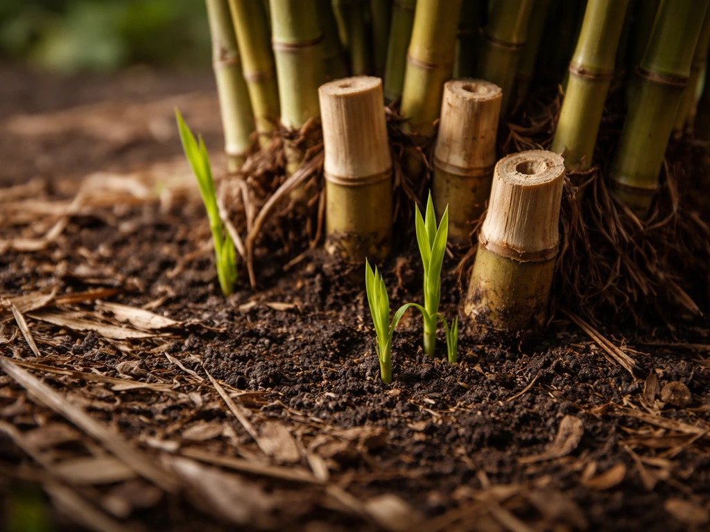 Fresh bamboo shoots sprouting from cut-back canes in a home garden bed, showing regrowth from rhizomes.