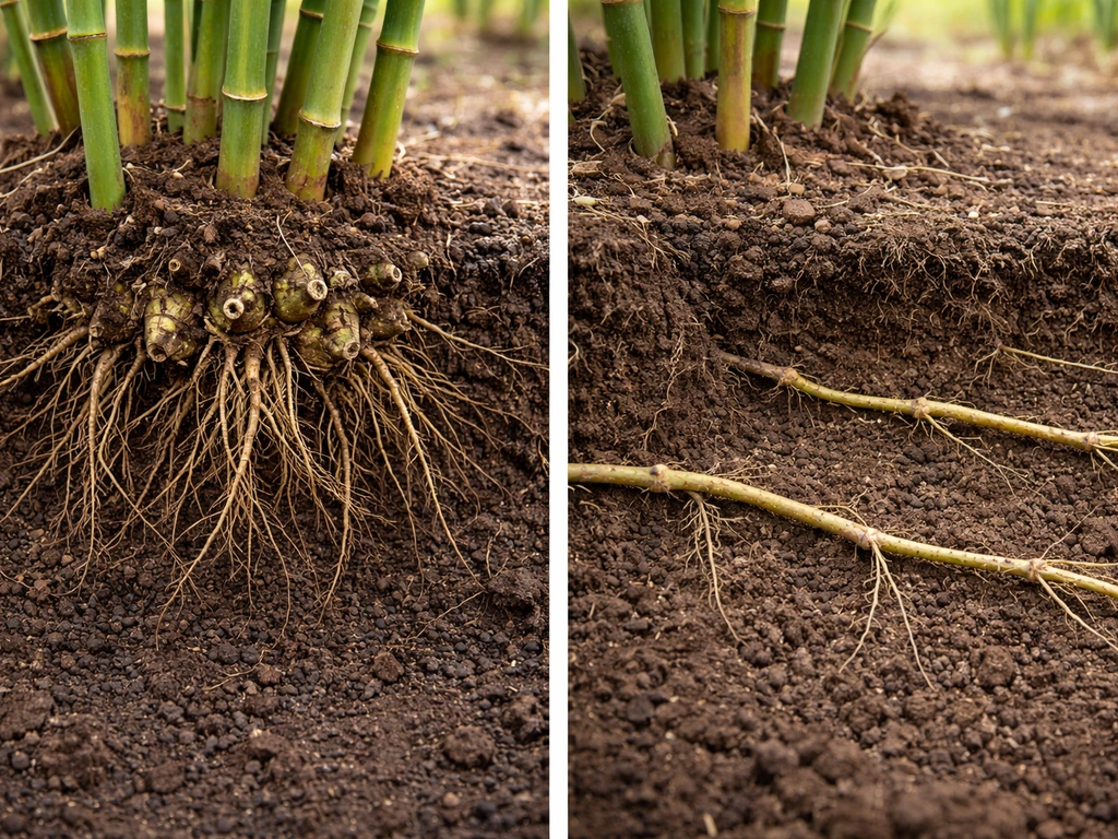 Minimal photo showing clumping bamboo roots near a crown vs running bamboo rhizomes spreading horizontally underground.