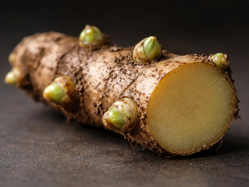 Macro close-up of a cut rhizome showing firm tan interior with small living buds at nodes.