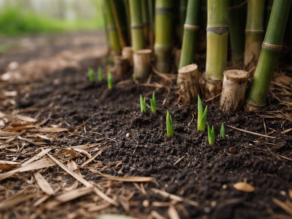 Early-spring bamboo shoots emerging from soil in a tidy garden bed after cutting.