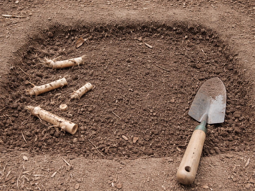 Bare dug patch of soil with severed bamboo rhizome remnants removed, showing no regrowth points.