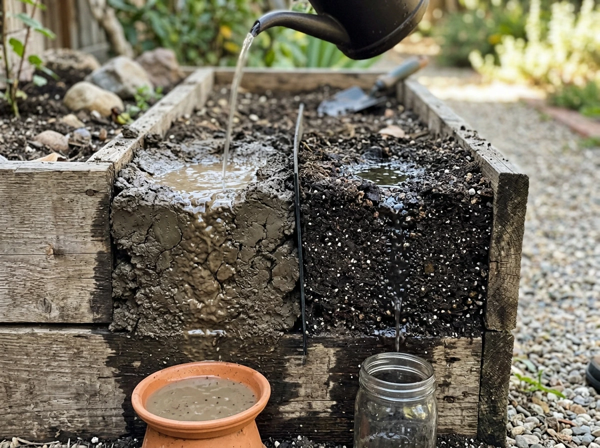 Water pooling in heavy clay soil compared with faster-draining amended soil