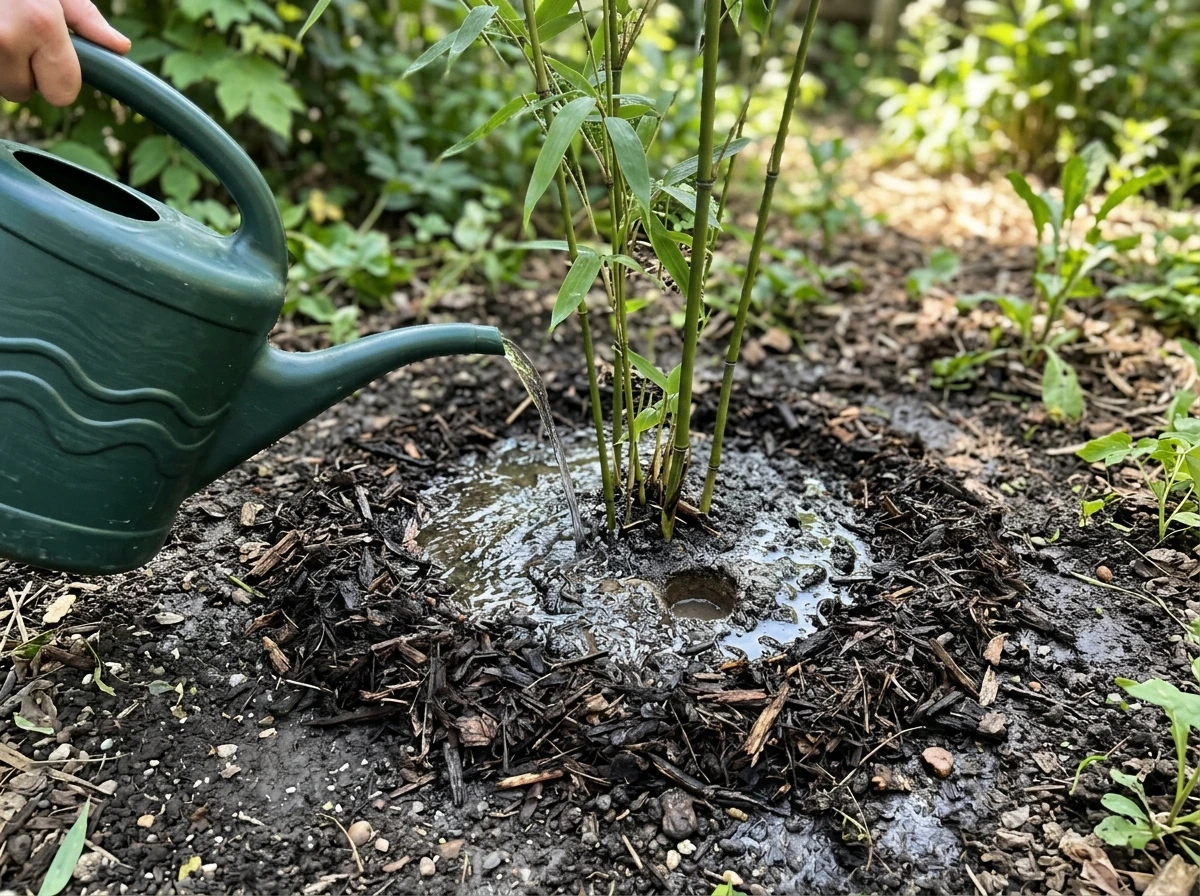 Soaking newly planted bamboo in soil without waterlogging
