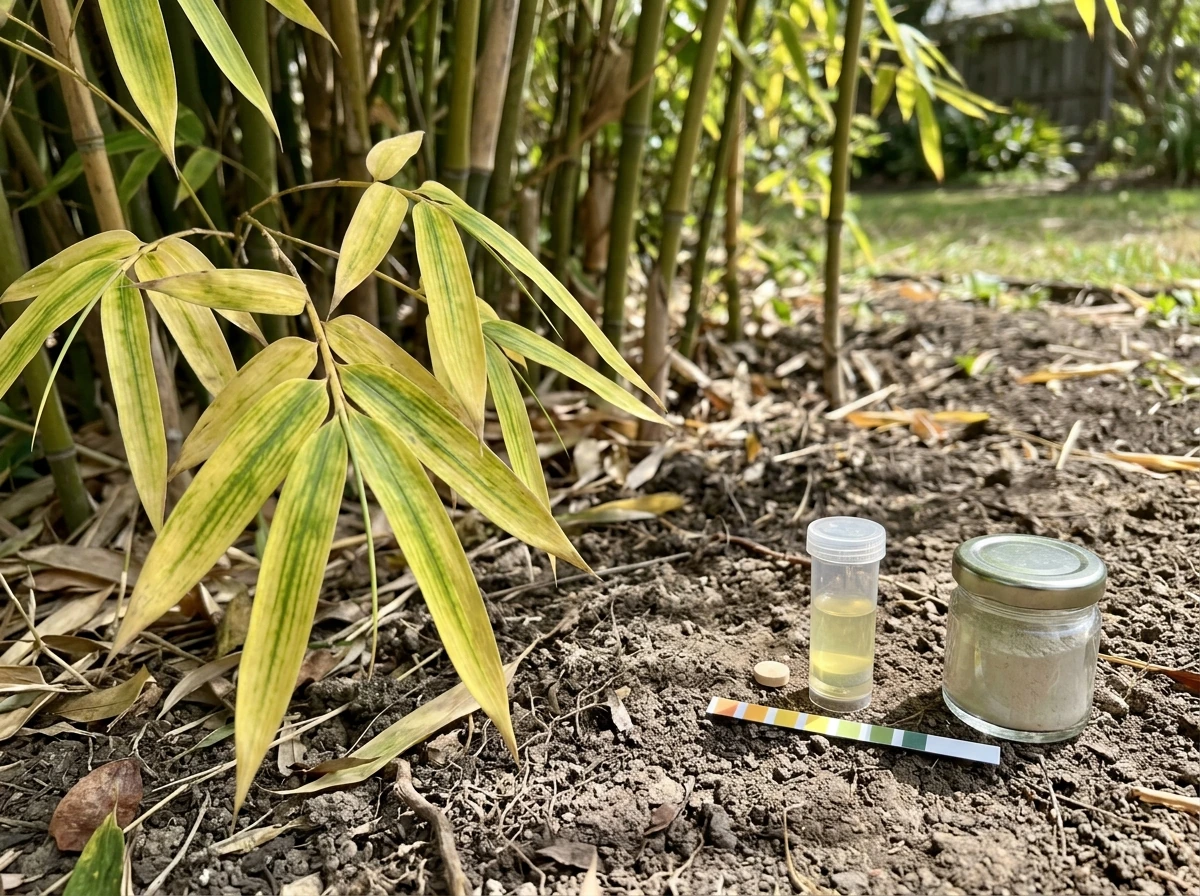 Bamboo leaves showing stress with soil pH test materials nearby