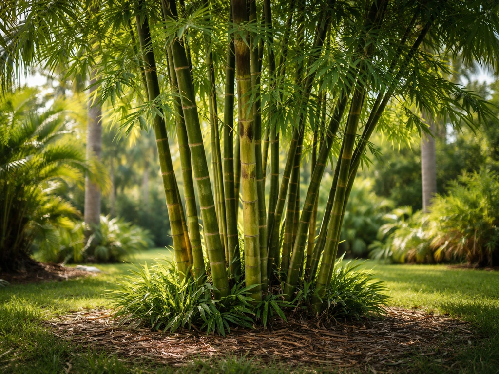 Lush bamboo grove outdoors in a tropical Florida landscape with swaying culms and green foliage.