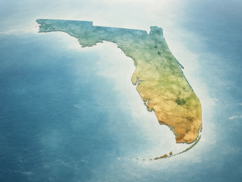 Minimal aerial view of Florida with shaded regions suggesting USDA hardiness zones for bamboo growth