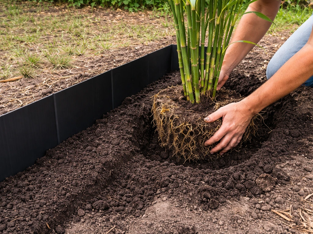 Gardener’s hands planting a bamboo clump in Florida soil beside a visible root barrier trench area.