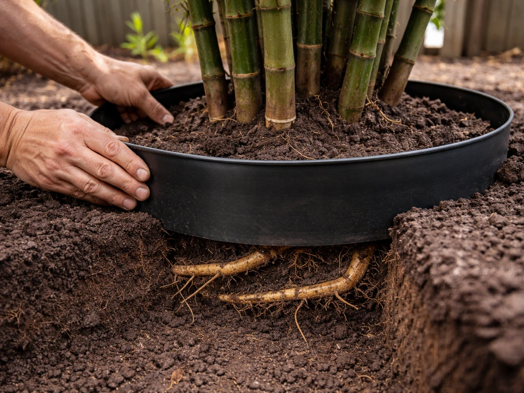 Minimal photo of a bamboo rhizome containment barrier in soil, showing controlled spread