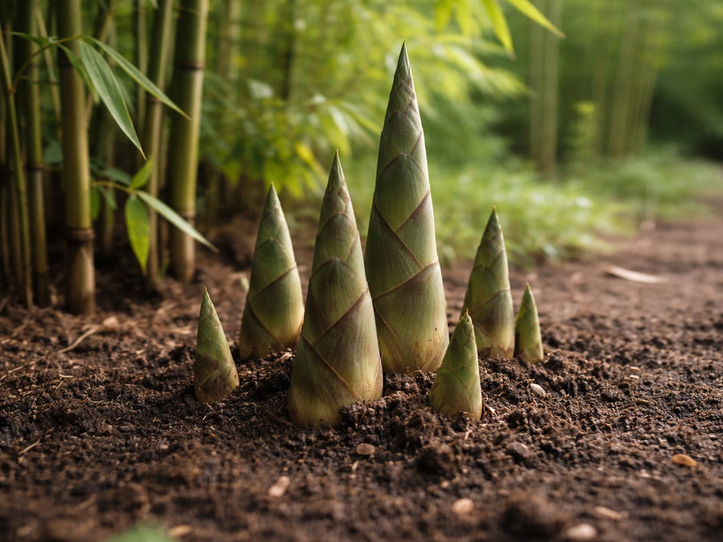 Fresh bamboo shoots emerging from soil in a lush outdoor garden during peak growth season.