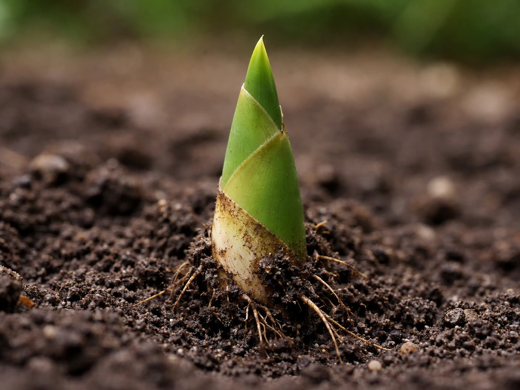 Close-up of a new bamboo shoot pushing up through moist soil, early growth stage.