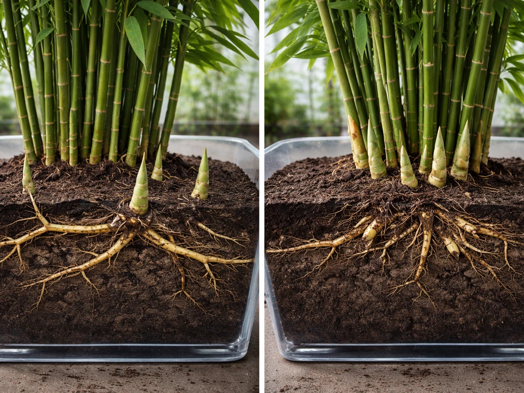 Side-by-side running and clumping bamboo in containers showing rhizomes and shoot spread patterns.