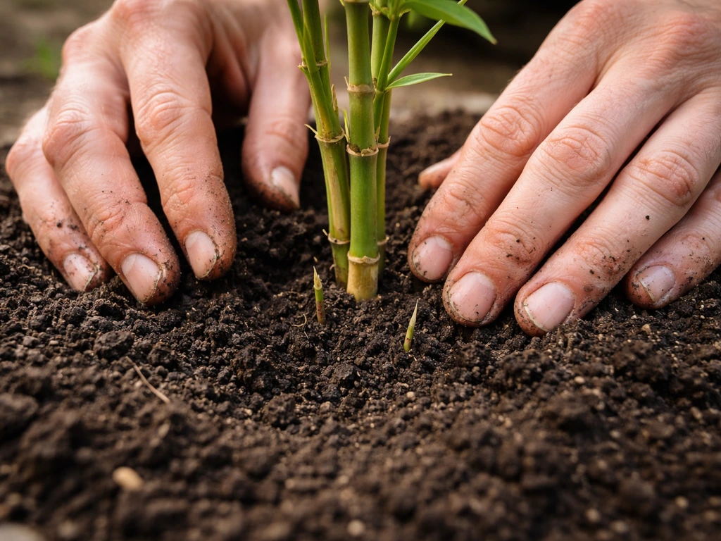 Gardener’s hands checking bamboo soil moisture and searching for tiny shoot tips at soil level.