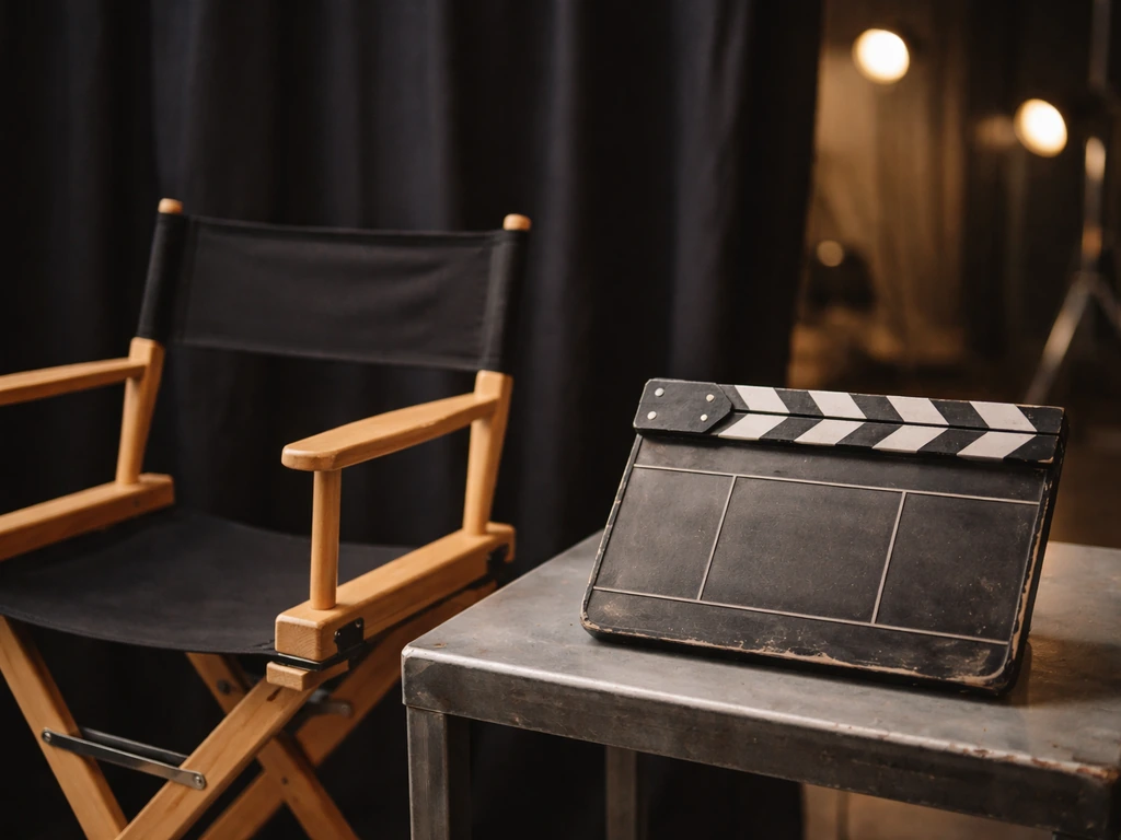 Minimal film still setup: director’s chair and a vintage slate in a dim studio light.