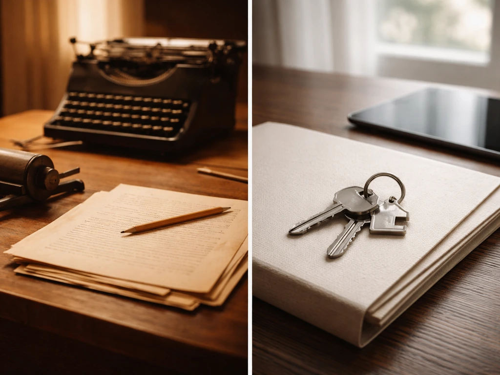 Side-by-side staged scenes showing early publishing tools and later real estate keys on folders.