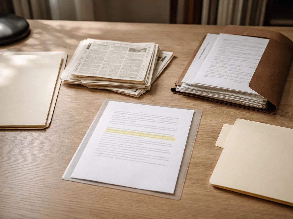 Minimal desk with newspaper clippings and probate/will folders, one document sheet with a pale highlight stripe.