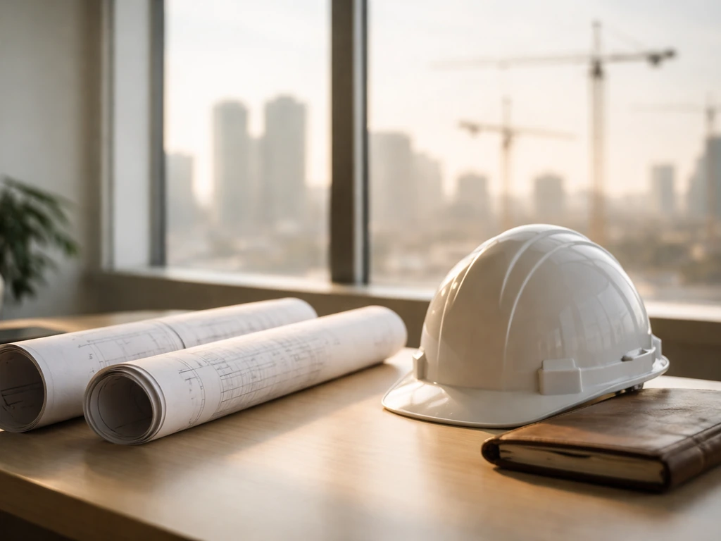 Construction leadership scene with hard hat and blueprint in a minimal office setting.