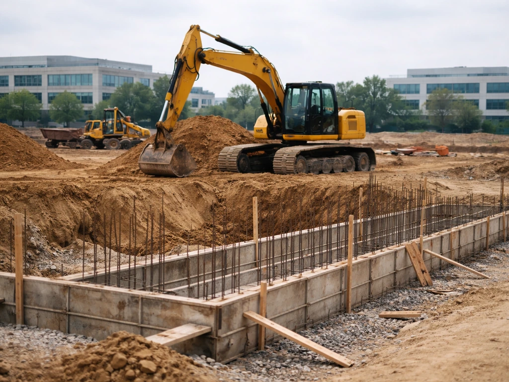 Cement site work with excavator near office-like buildings, symbolizing civil construction income sources