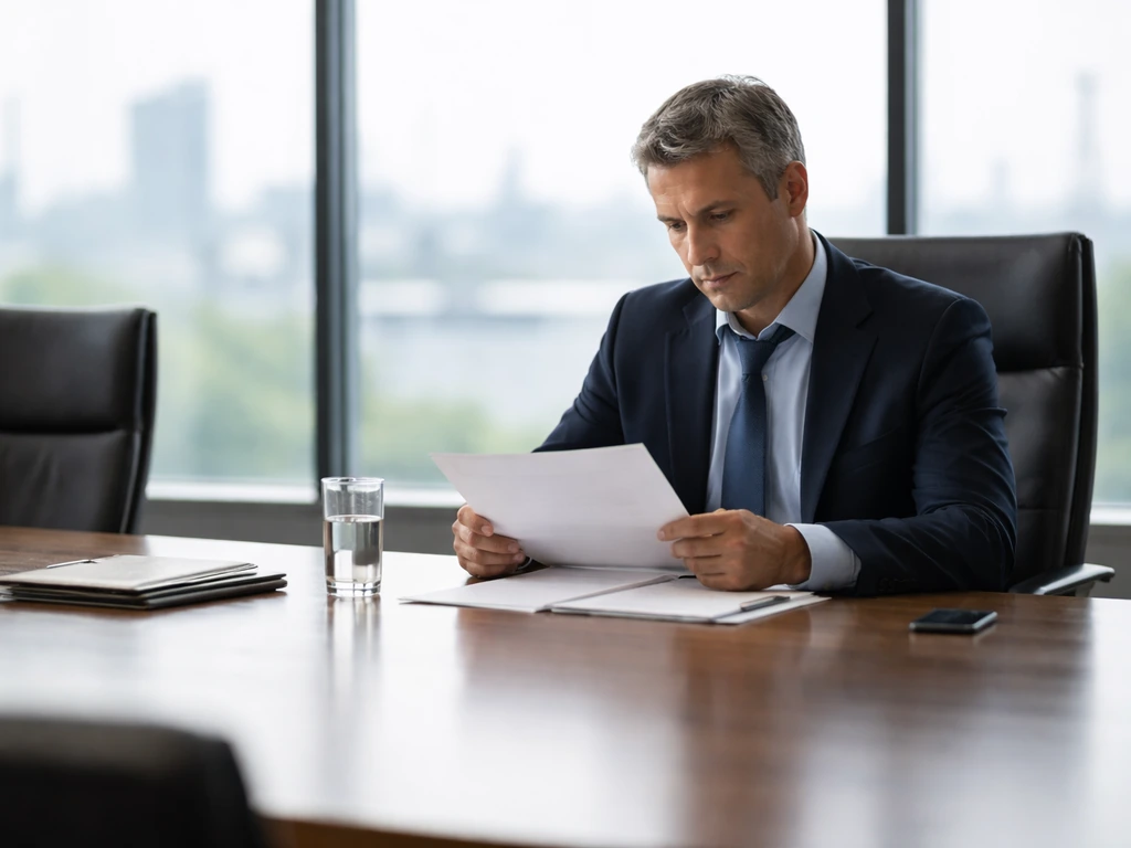 Anonymous executive in a boardroom with documents and a city view, suggesting natural resource company leadership