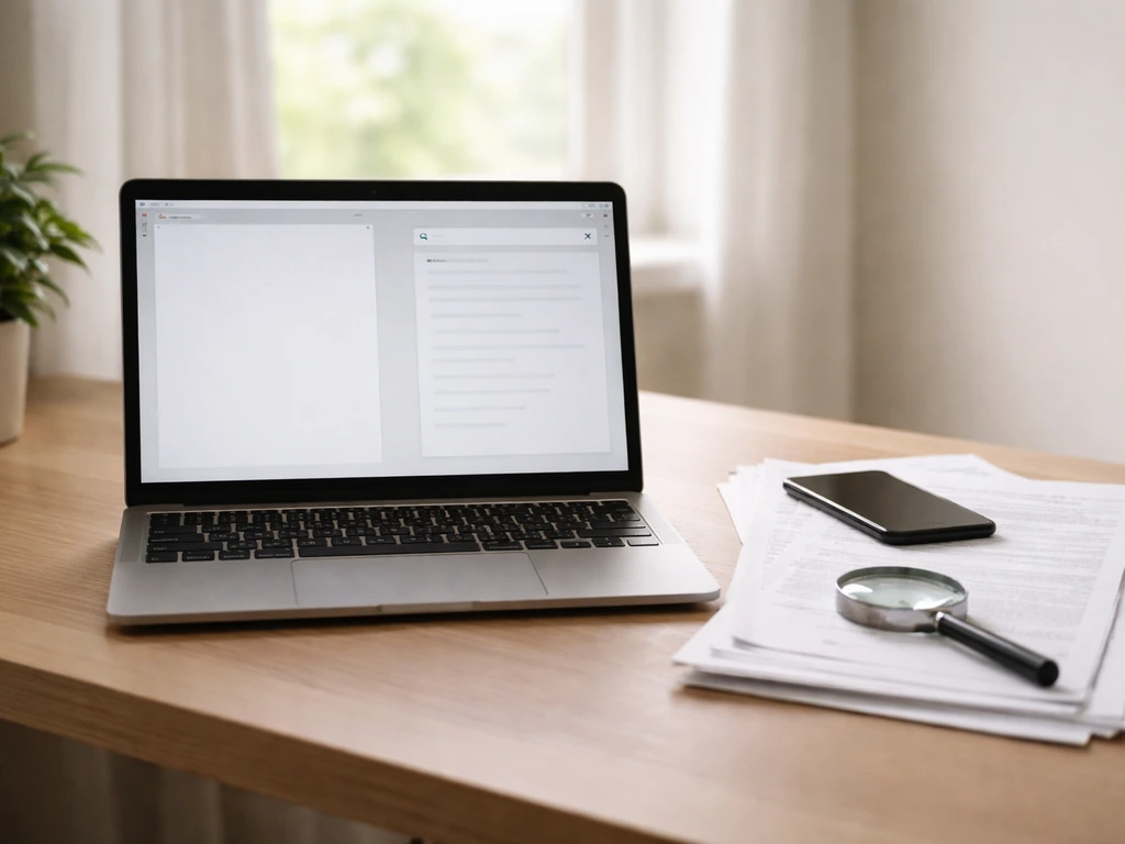 Minimal desk scene with anonymous laptop showing financial research tools and papers, hinting at document verification.