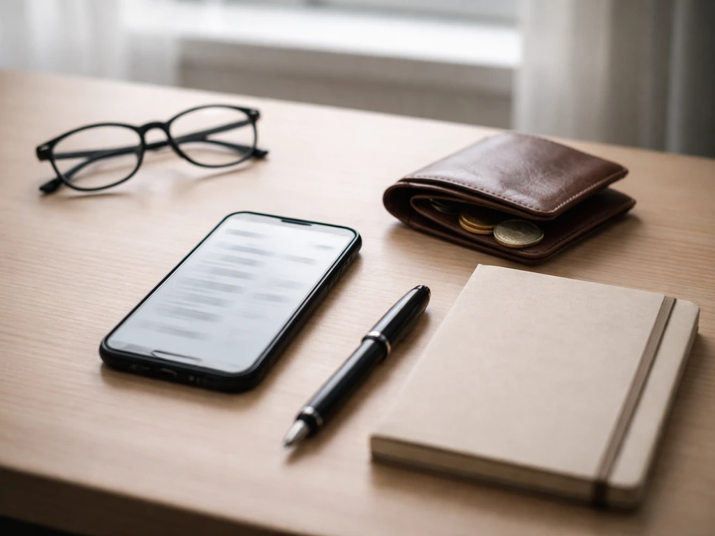 Minimal office desk with blurred phone screen, coins, wallet, glasses—symbolizing complicated net-worth search results.