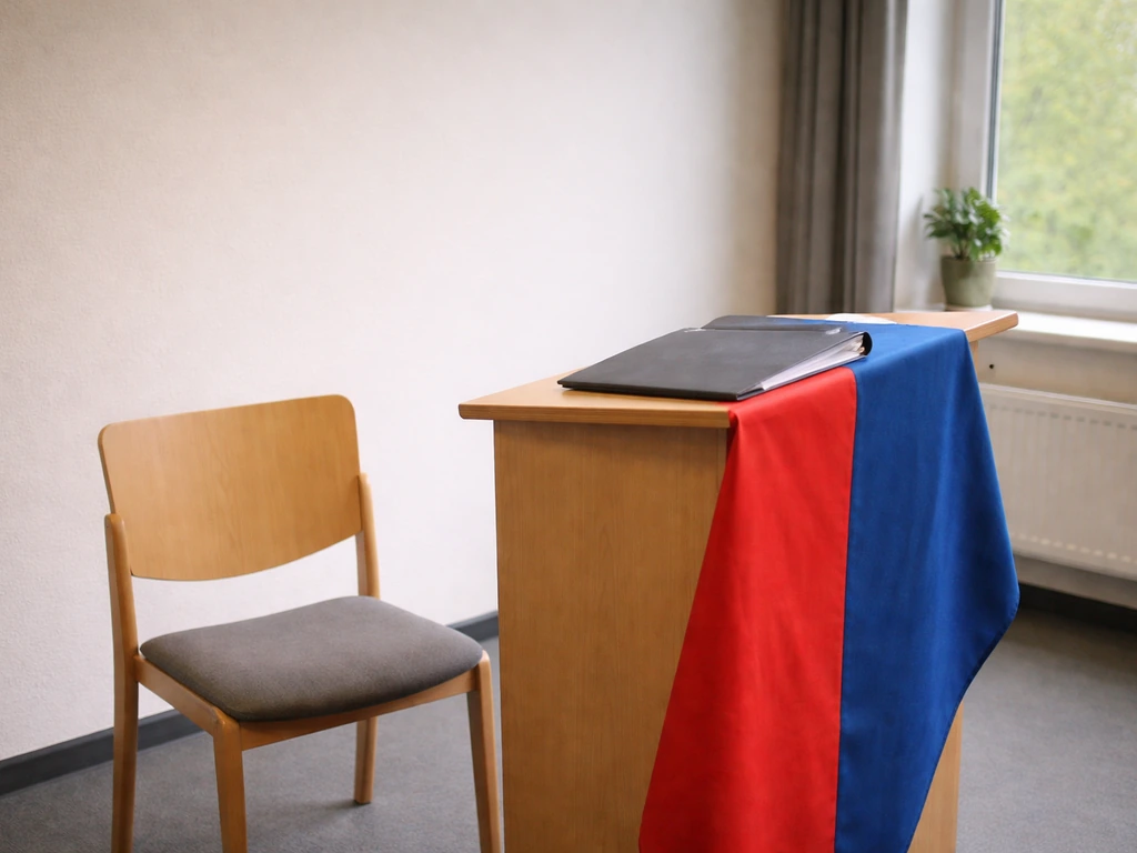 Minimal photo of a formal European event room with a folder and red-blue flag elements suggesting advocacy history