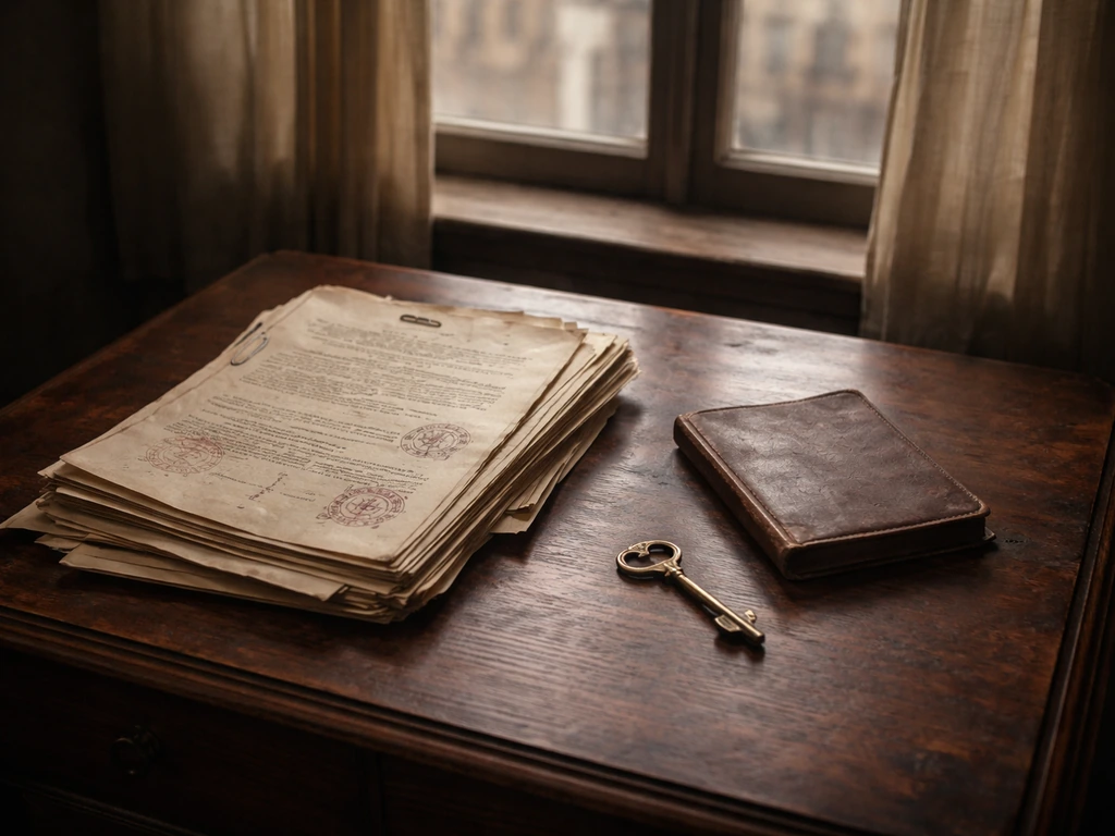 1920s-style documents on a desk beside a worn passport, evoking Habsburg exile after WWI.