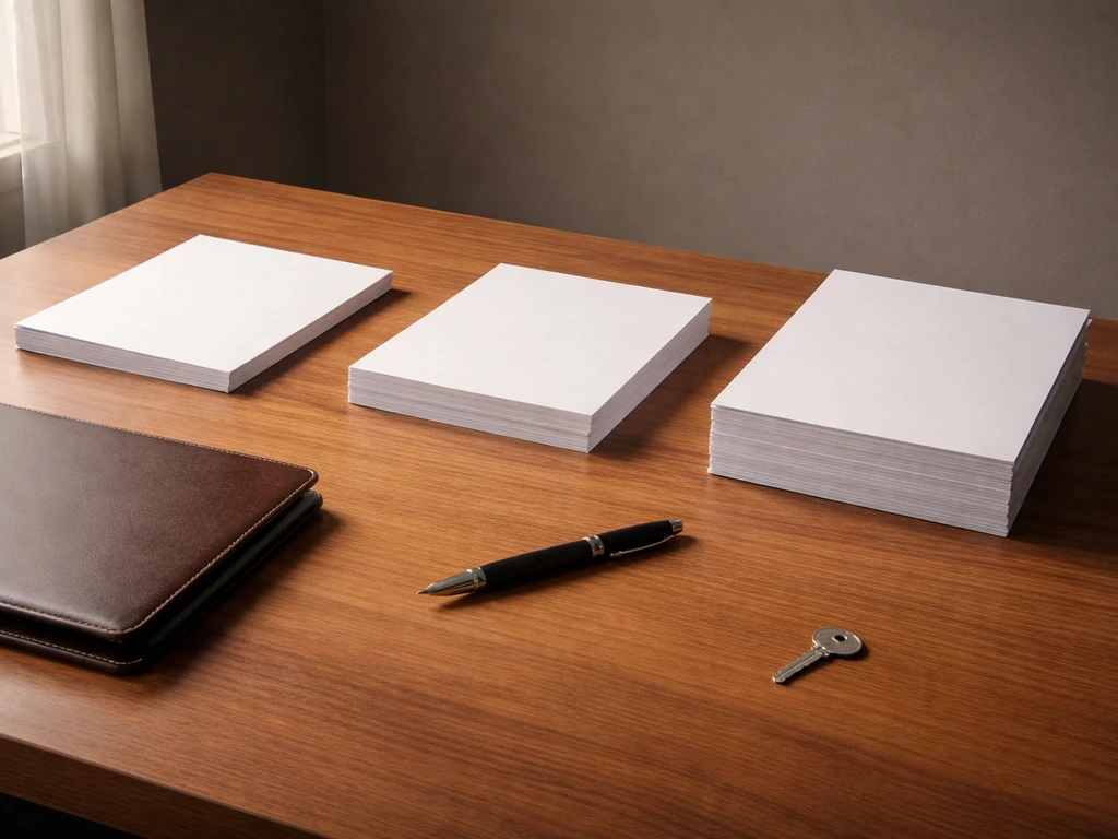Minimal photo of a tidy desk with a notebook, pen, and documents suggesting an asset-category breakdown