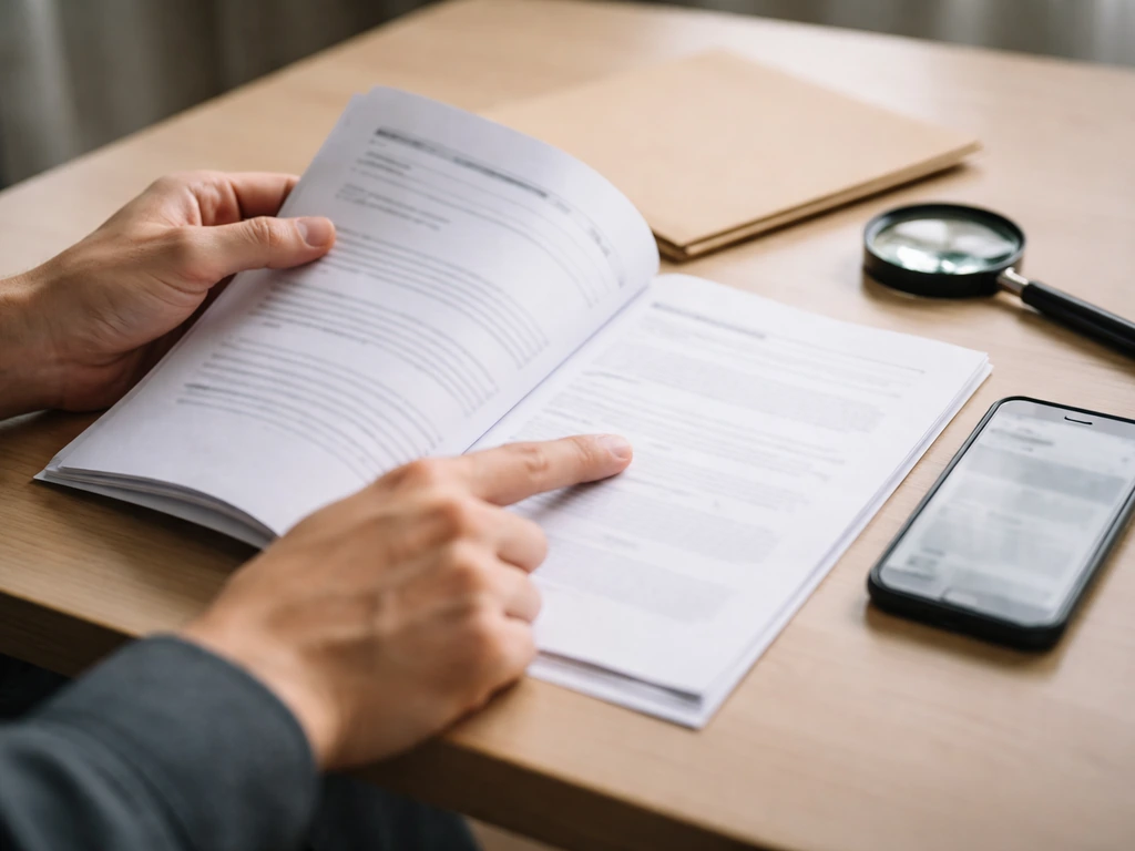 Close-up of hands reviewing documents beside a smartphone in a quiet office setting