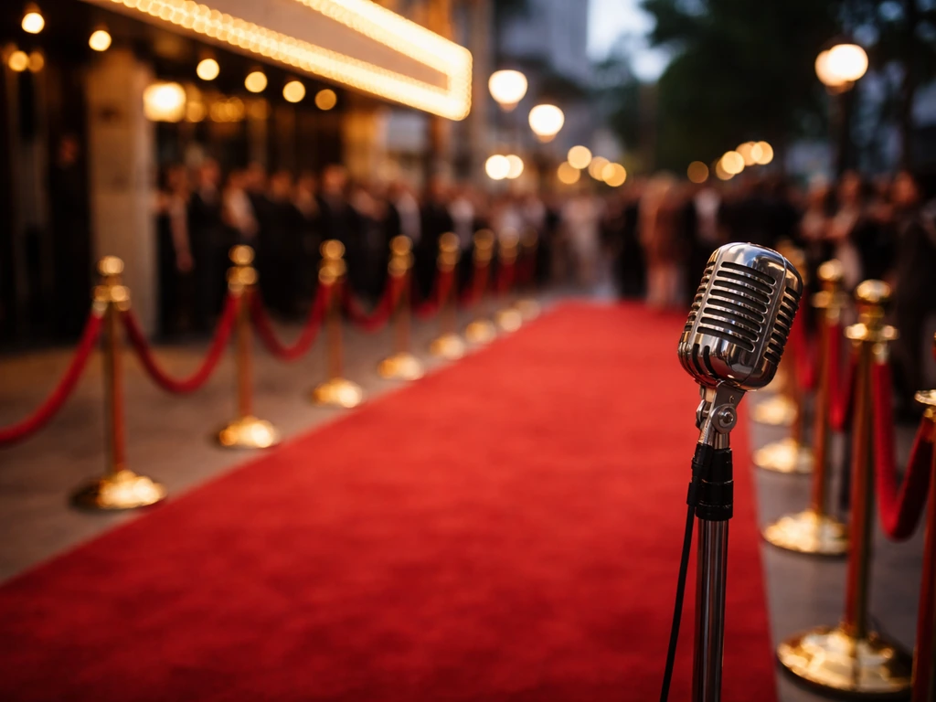 Red carpet premiere scene with stanchions and a media microphone, warm evening light, no identifiable people.
