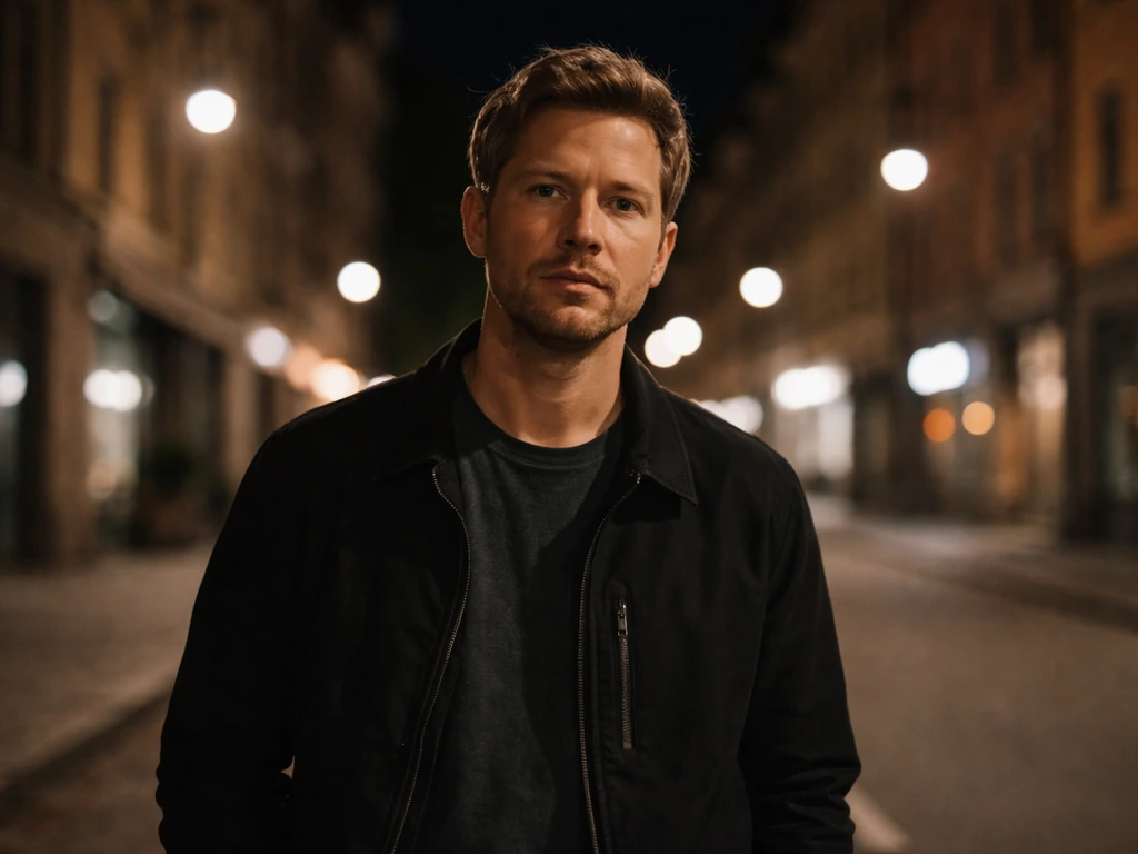 Anonymous Swedish male actor performing in a dim city street film still, eye-level and minimal.