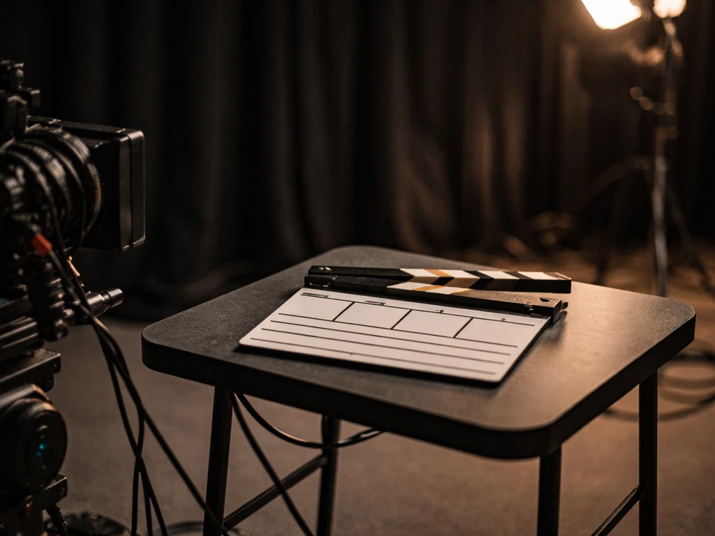 Film set production moment with a clapperboard and studio lights in focus