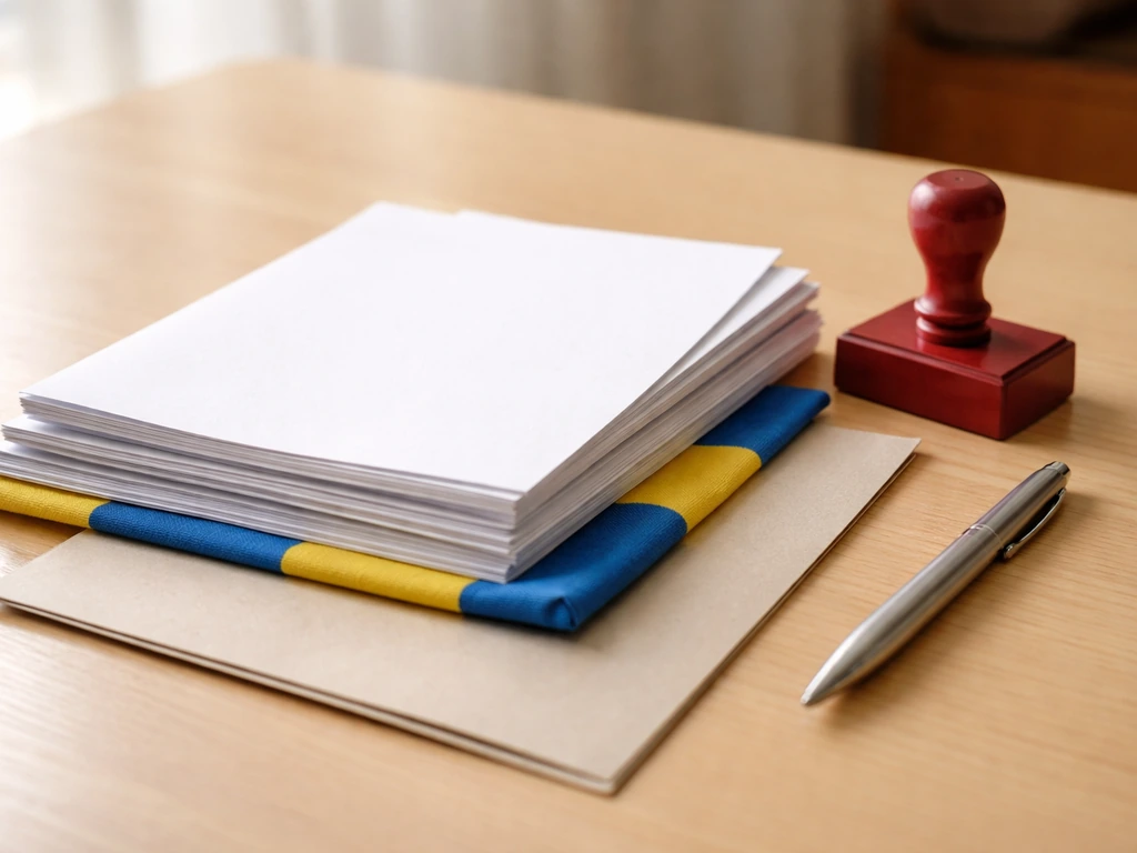 Minimal desk scene with blank corporate documents, a red stamp, and a pen, symbolizing Swedish company registration.