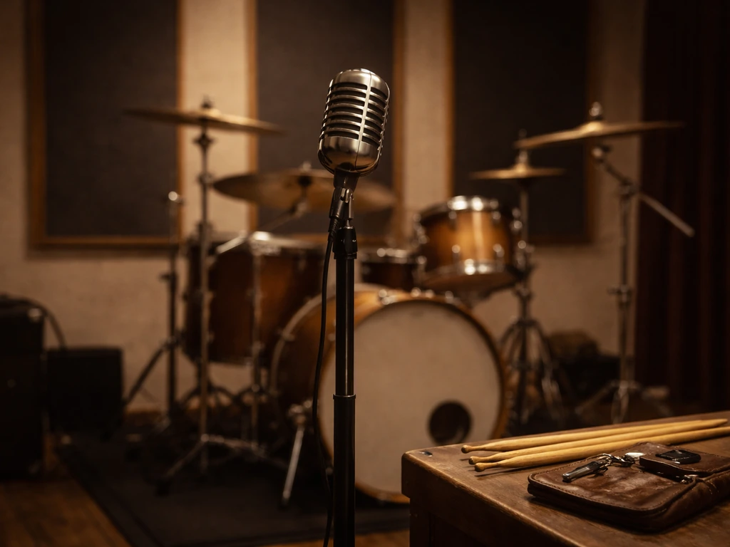 Muted music studio scene with microphone and partially visible drum kit suggesting a drummer’s public profile.