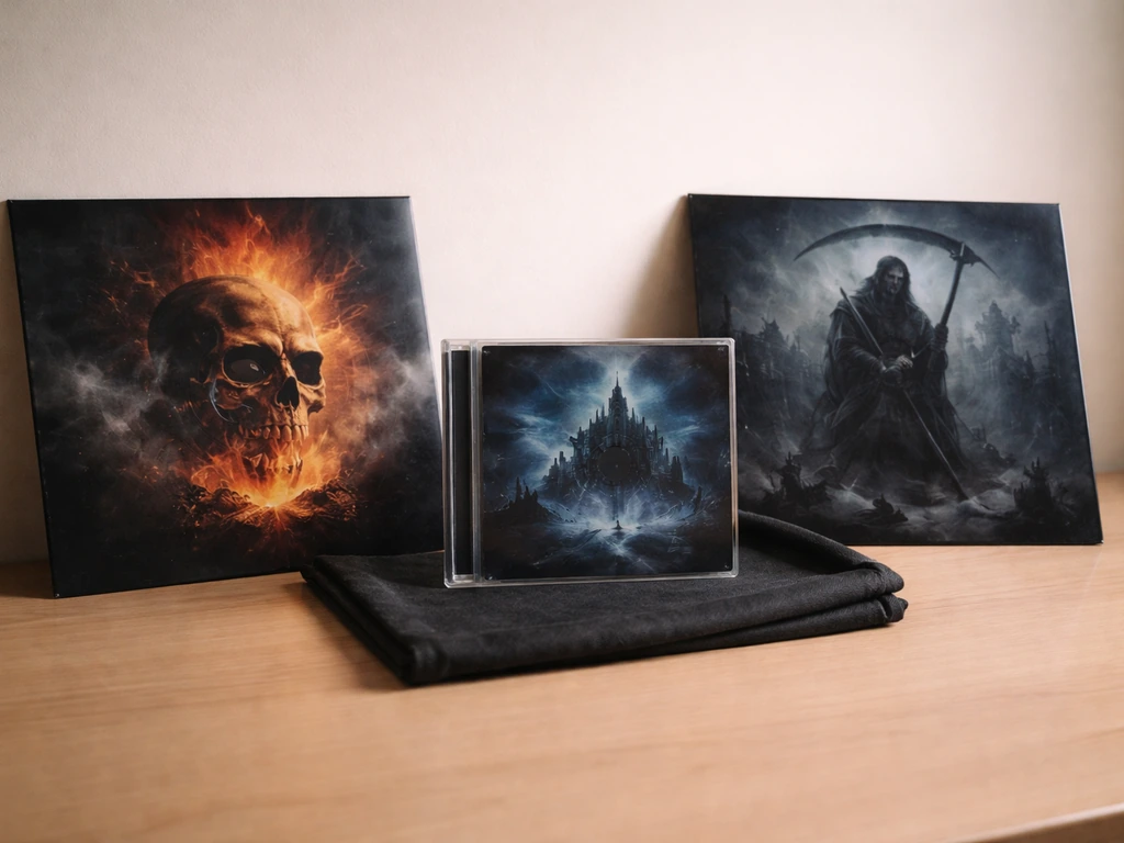 Three music media releases (vinyl and CD) arranged left-to-right on a light wood table.