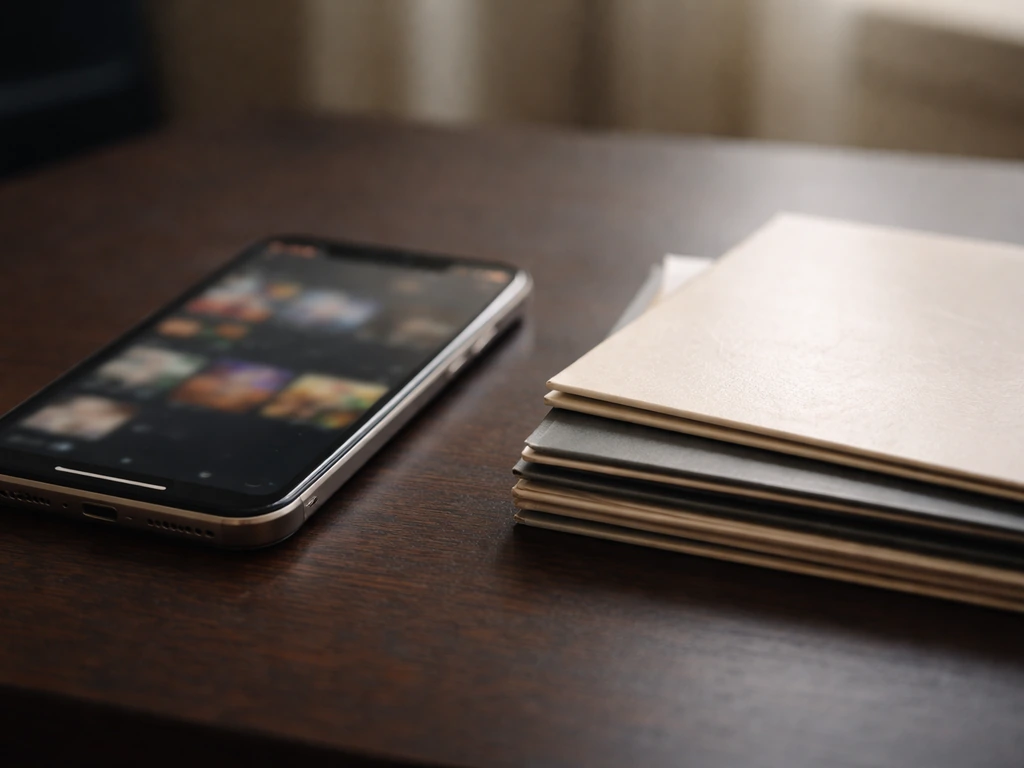 Close-up of a smartphone showing a streaming screen beside a neat stack of metal album sleeves for catalog royalties.