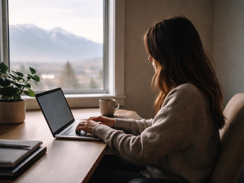 Anonymous woman founder working on a laptop in a quiet Utah home office with mountain light.