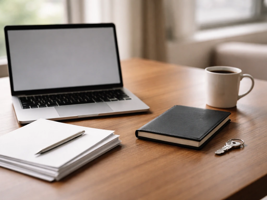 Minimal photo of a private company finance theme: laptop, coffee, and a key on a desk