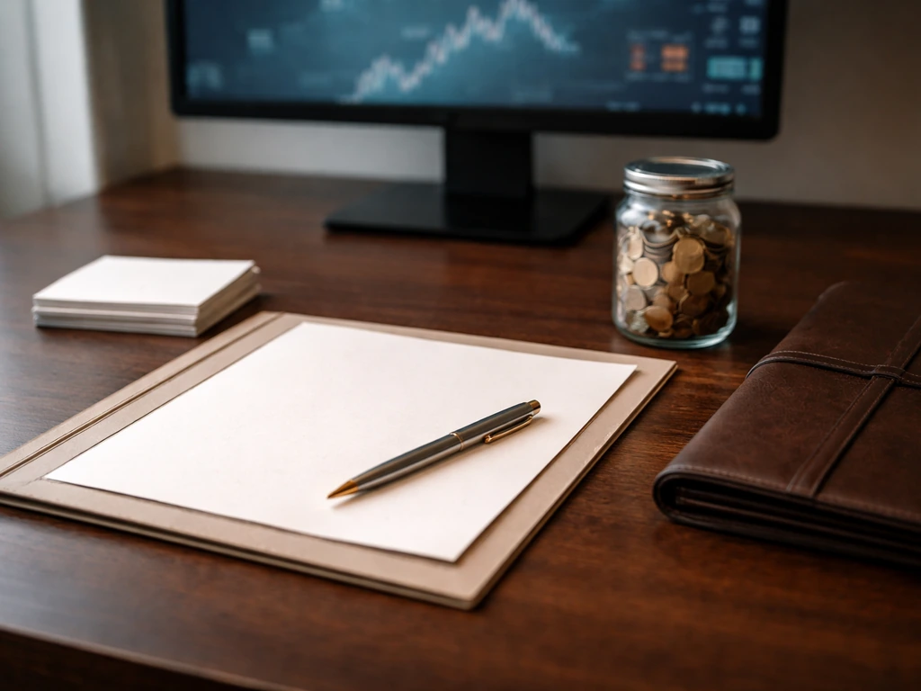 Minimal desk scene with an open folder, coins, and a portfolio holder symbolizing assets and investments.