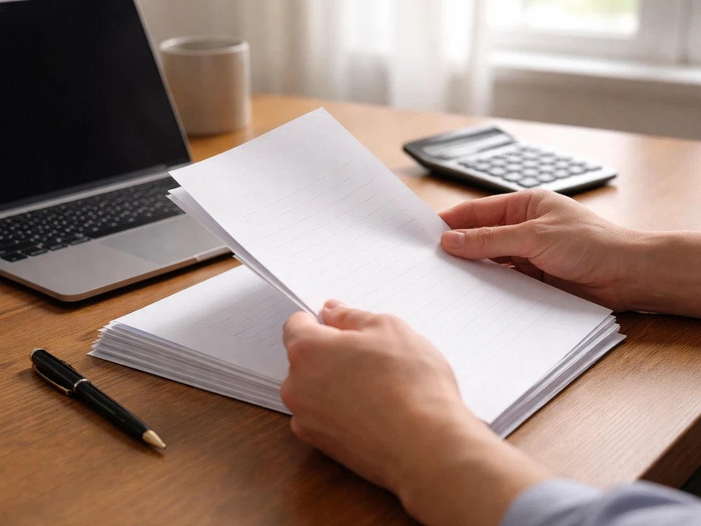 Hands reviewing probate-style documents beside an open laptop and calculator on a quiet desk
