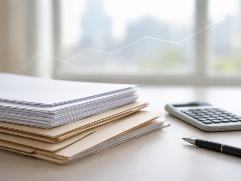Close-up of documents and a calculator beside a blurred city view, symbolizing net worth estimates from public records.