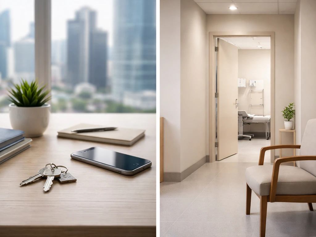 Minimal split-style collage showing two business settings: real estate office desk and medical clinic waiting area.