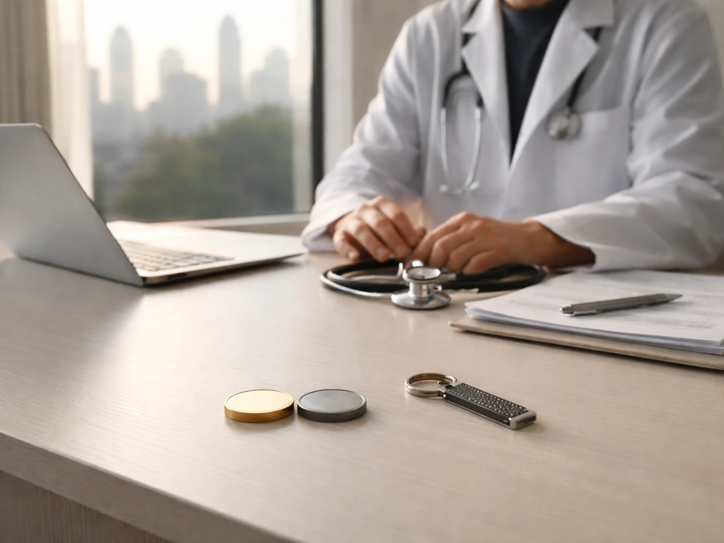 Anonymous physician at a clinic desk with laptop and symbolic tokens suggesting equity and compensation streams.