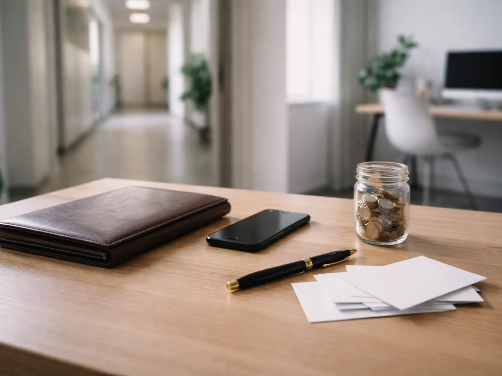 Minimal desk scene with portfolio, pen, smartphone, and coins suggesting wealth growth phases.