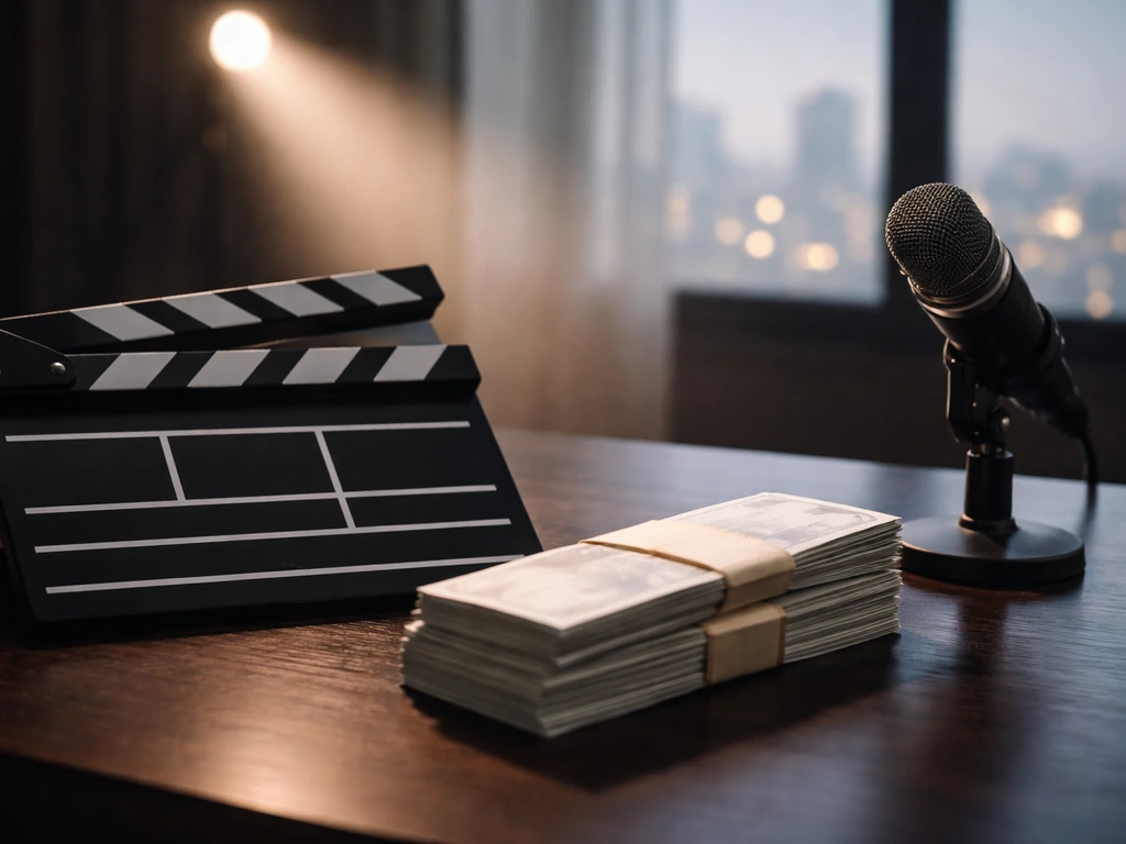 Clapperboard, studio microphone, and blank envelopes on a desk symbolizing media wealth.